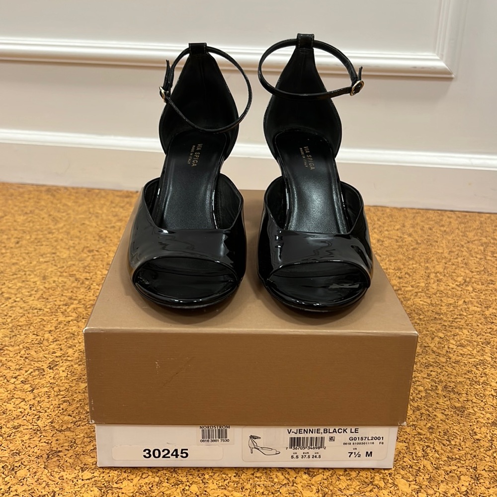 Via Spiga Black Patent Jennie Ankle Strap Sandal